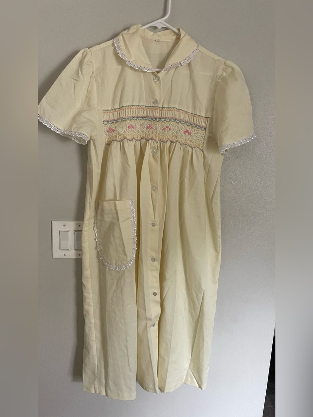 Vtg Hand Smocked Yellow Nightgown L House Coat Cottagecore Loungedress MuuMuu